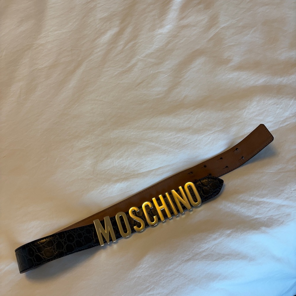 RARE Moschino Croc Leather Belt with Gold Buckle